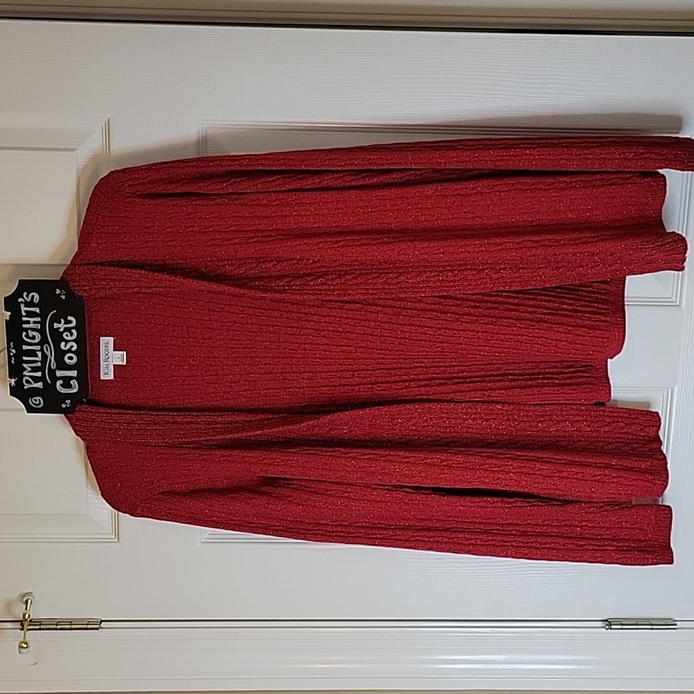Kim Rogers Large Red Metallic Cardigan Sweater Open Front